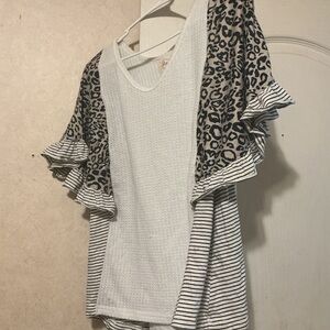 Free People White and Black Leopard Print Blouse